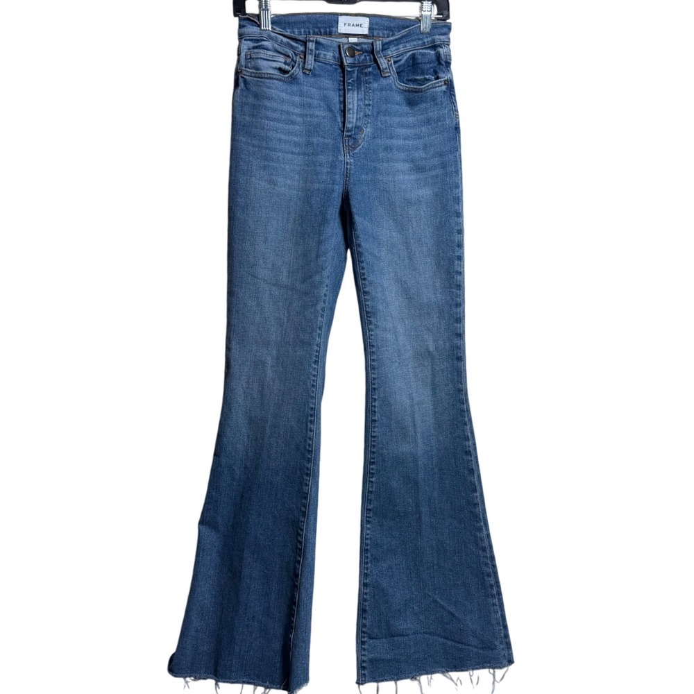 FRAME Bixby High Rise Flare Jeans Medium Wash Raw Hem 26 OPLEFRF456